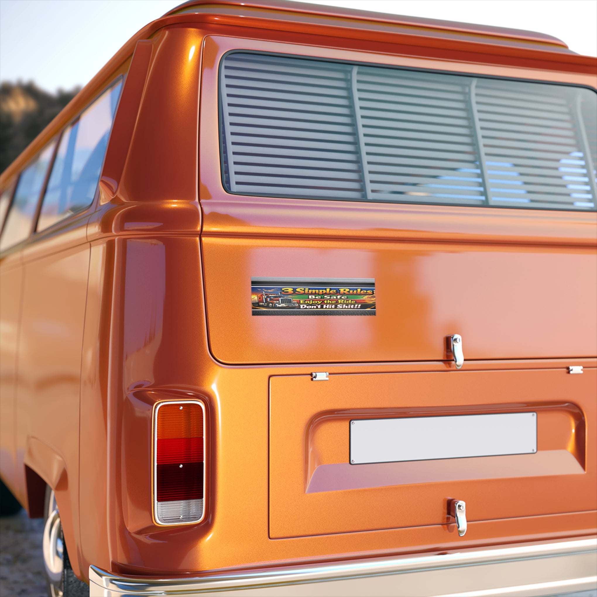 Bumper Sticker — “3 Simple Rules: Be Safe, Enjoy the Ride, Don’t Hit Shit!” (Truck Sunset Design)