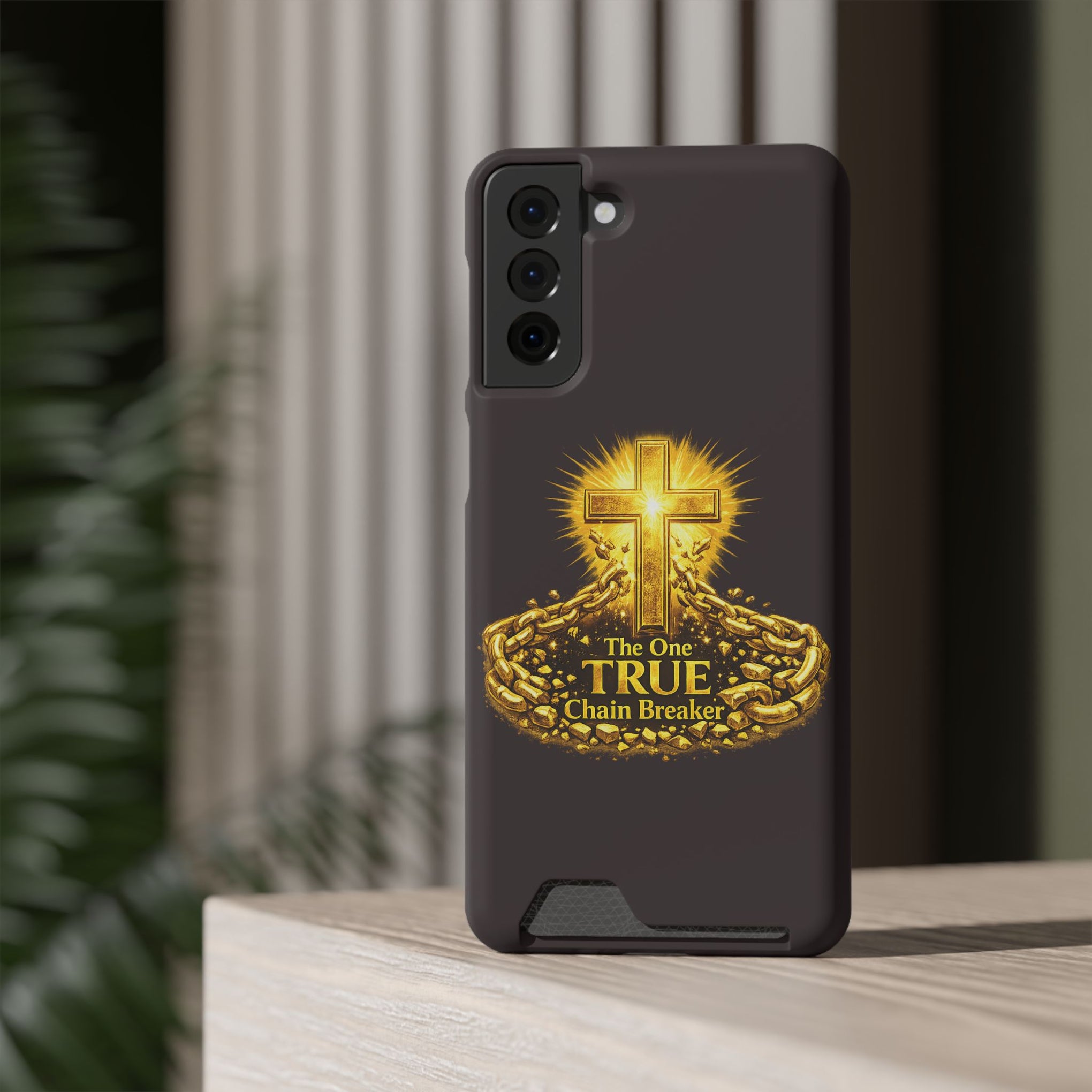 Phone Case with Card Holder — "The One True Chain Breaker" Cross Design