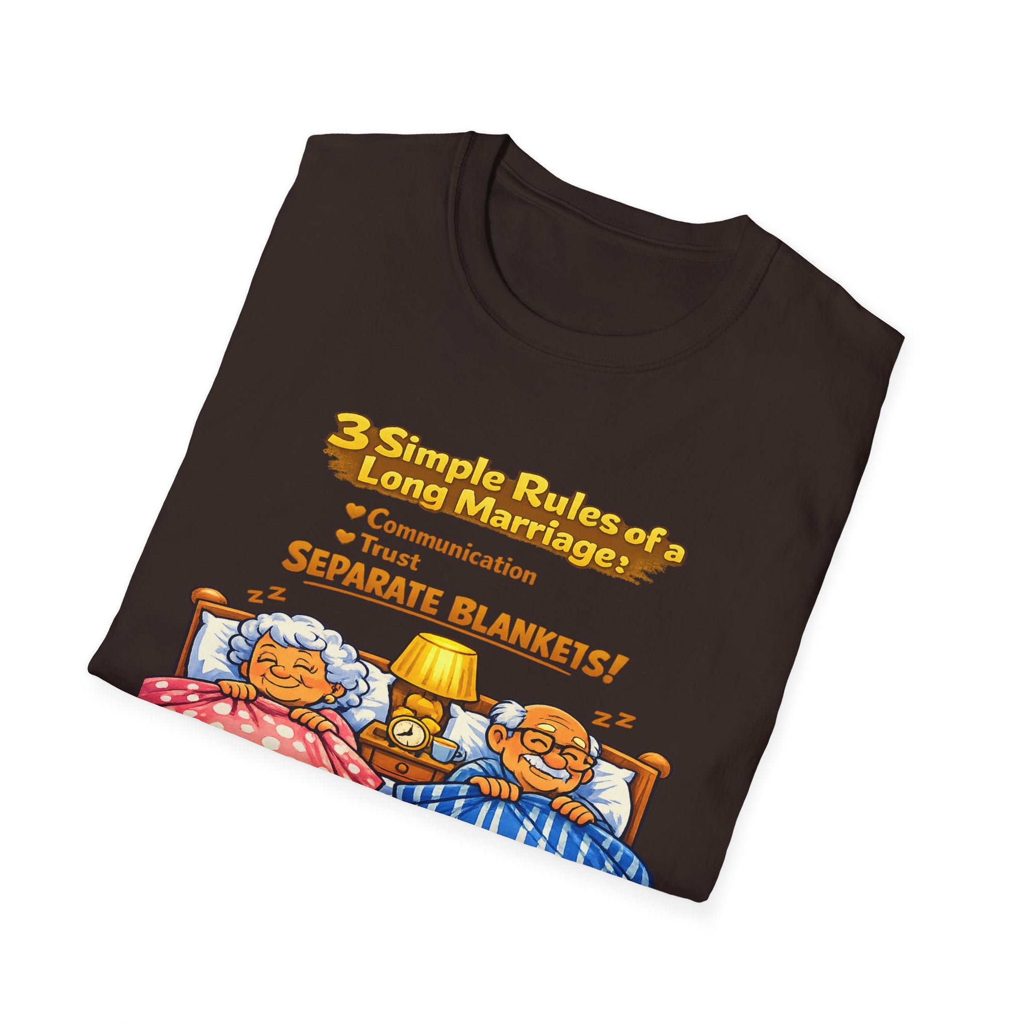 Marriage Rules T-Shirt – “3 Simple Rules of a Long Marriage: Communication, Trust, Separate Blankets!”