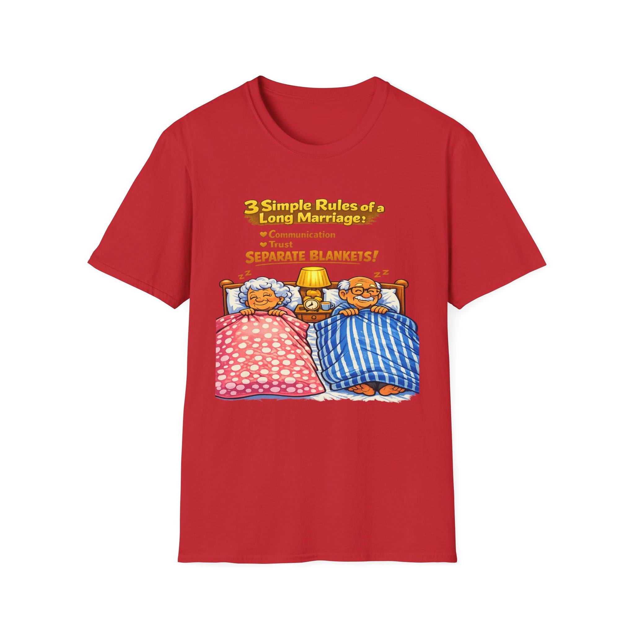 Marriage Rules T-Shirt – “3 Simple Rules of a Long Marriage: Communication, Trust, Separate Blankets!”