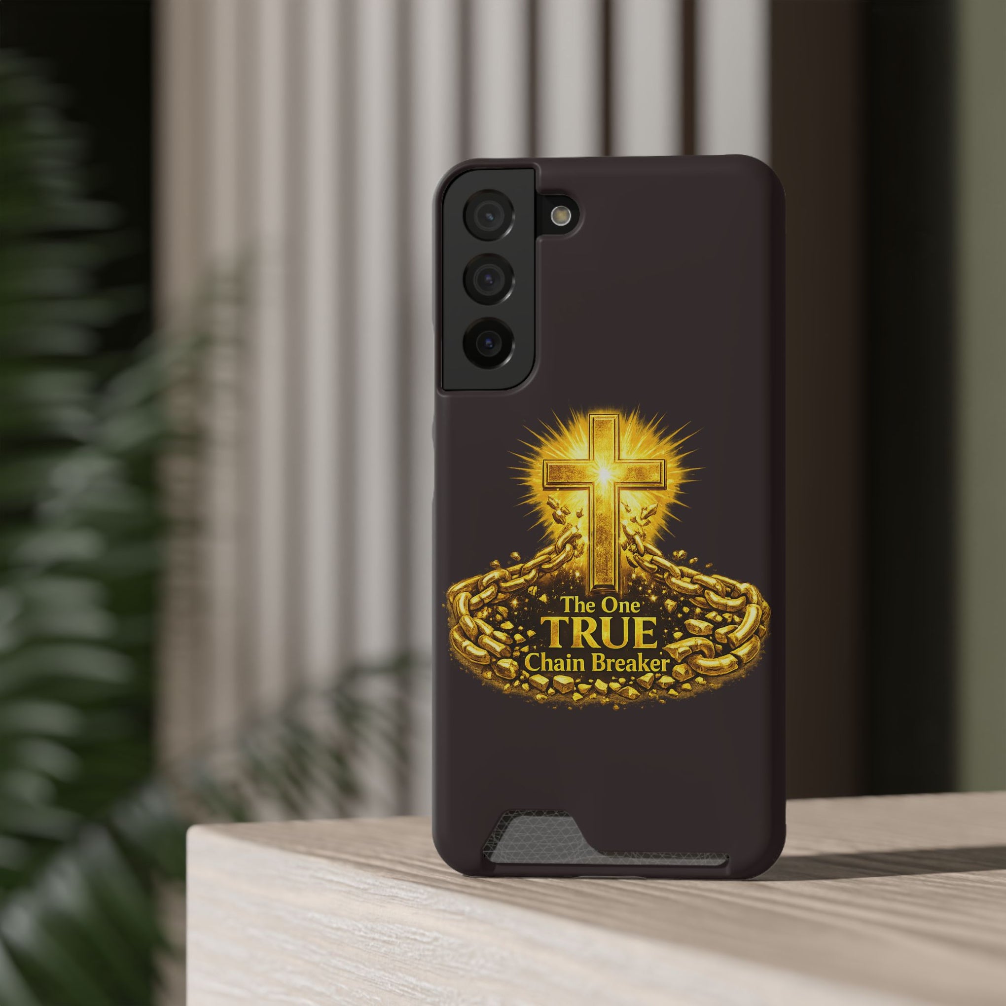 Phone Case with Card Holder — "The One True Chain Breaker" Cross Design