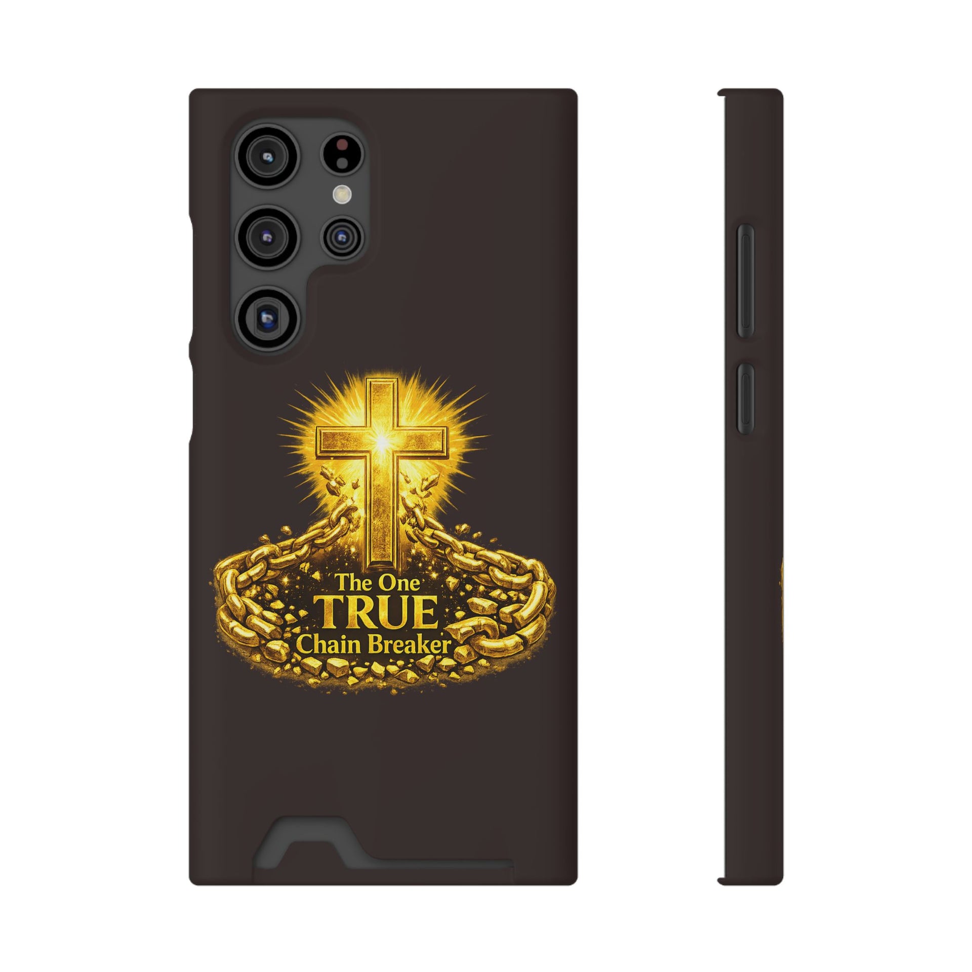 Phone Case with Card Holder — "The One True Chain Breaker" Cross Design
