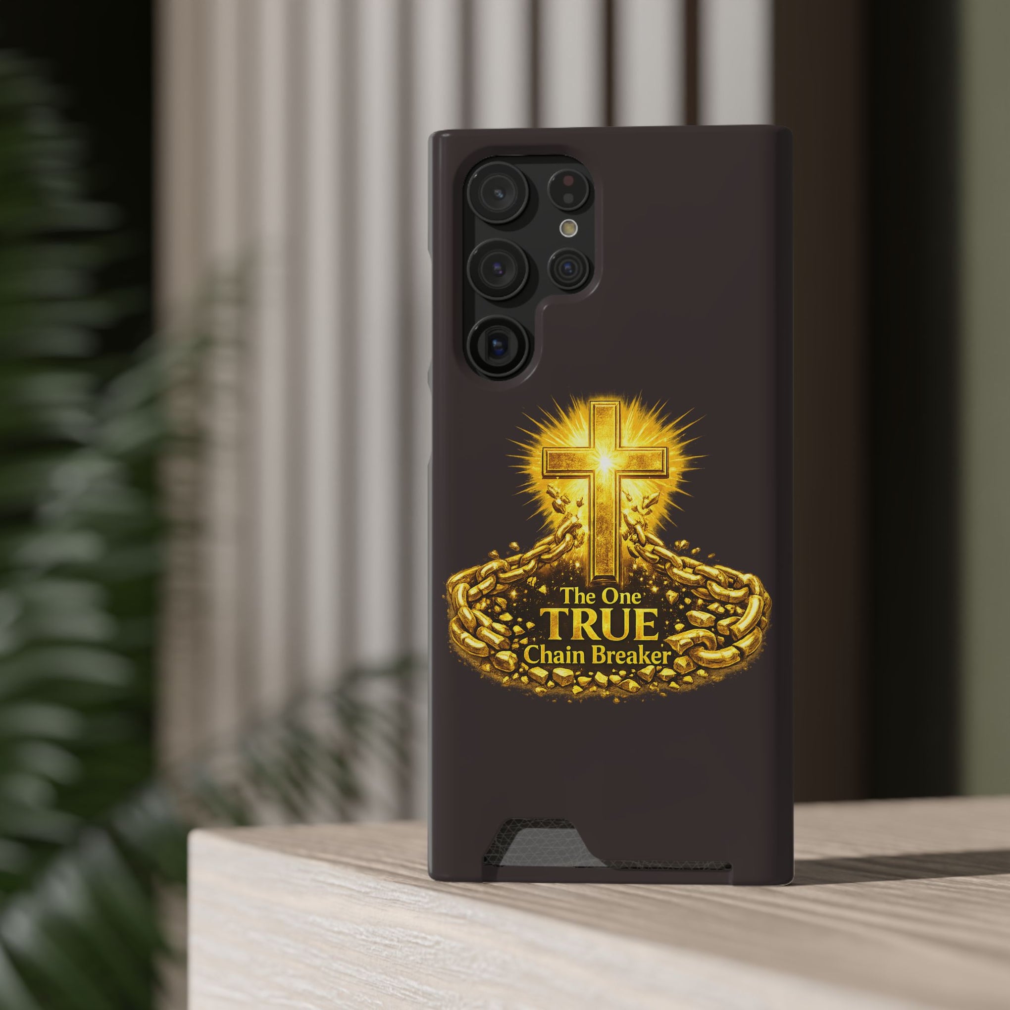 Phone Case with Card Holder — "The One True Chain Breaker" Cross Design
