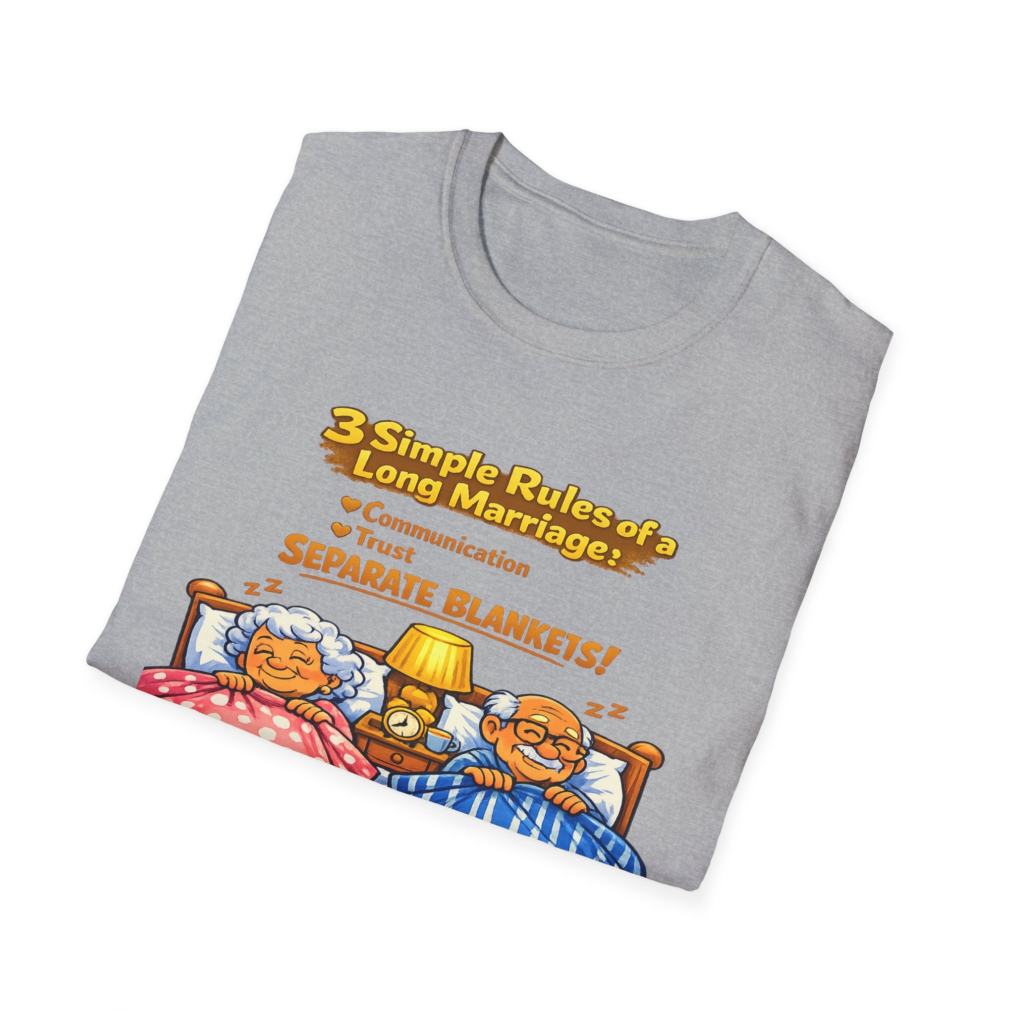 Marriage Rules T-Shirt – “3 Simple Rules of a Long Marriage: Communication, Trust, Separate Blankets!”