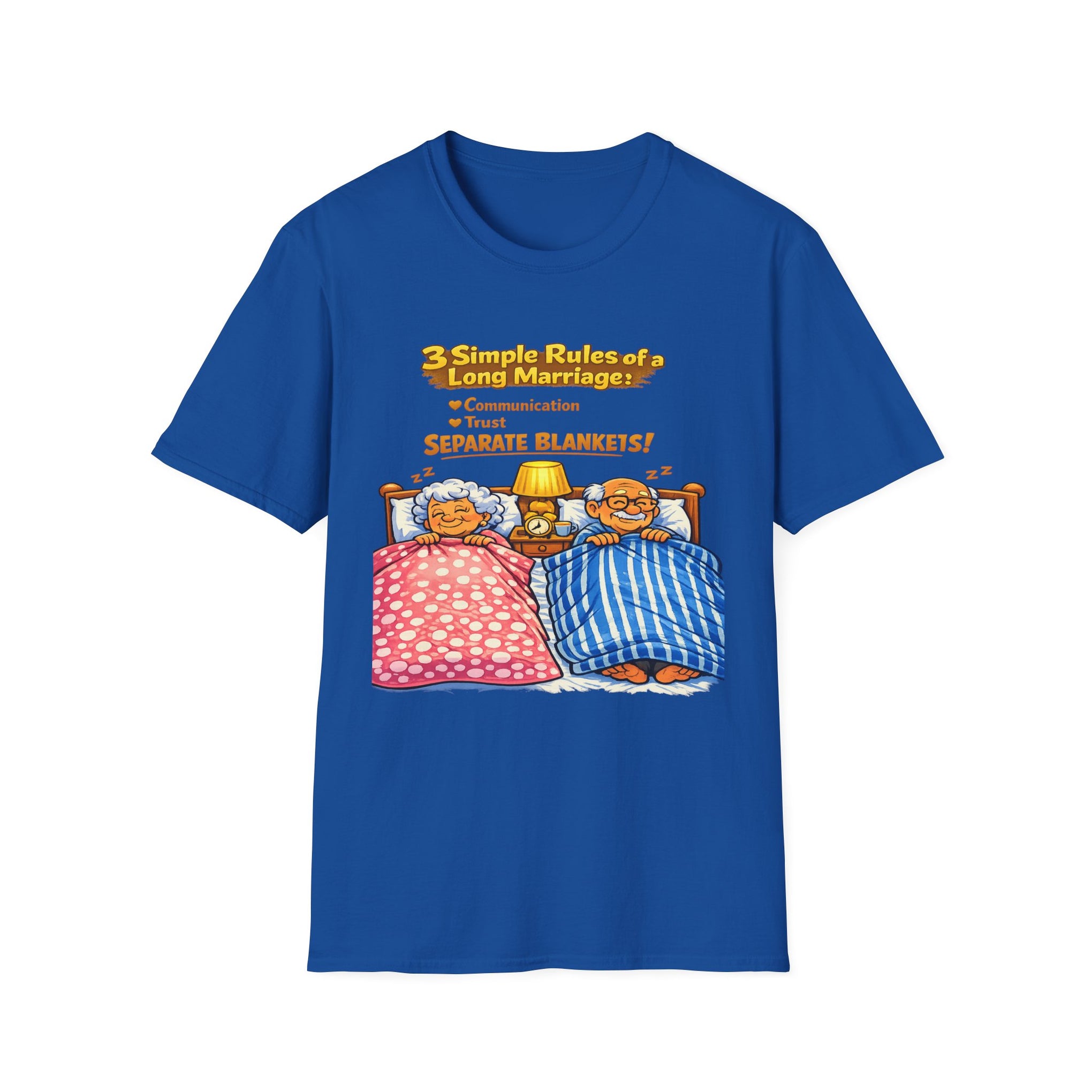 Marriage Rules T-Shirt – “3 Simple Rules of a Long Marriage: Communication, Trust, Separate Blankets!”