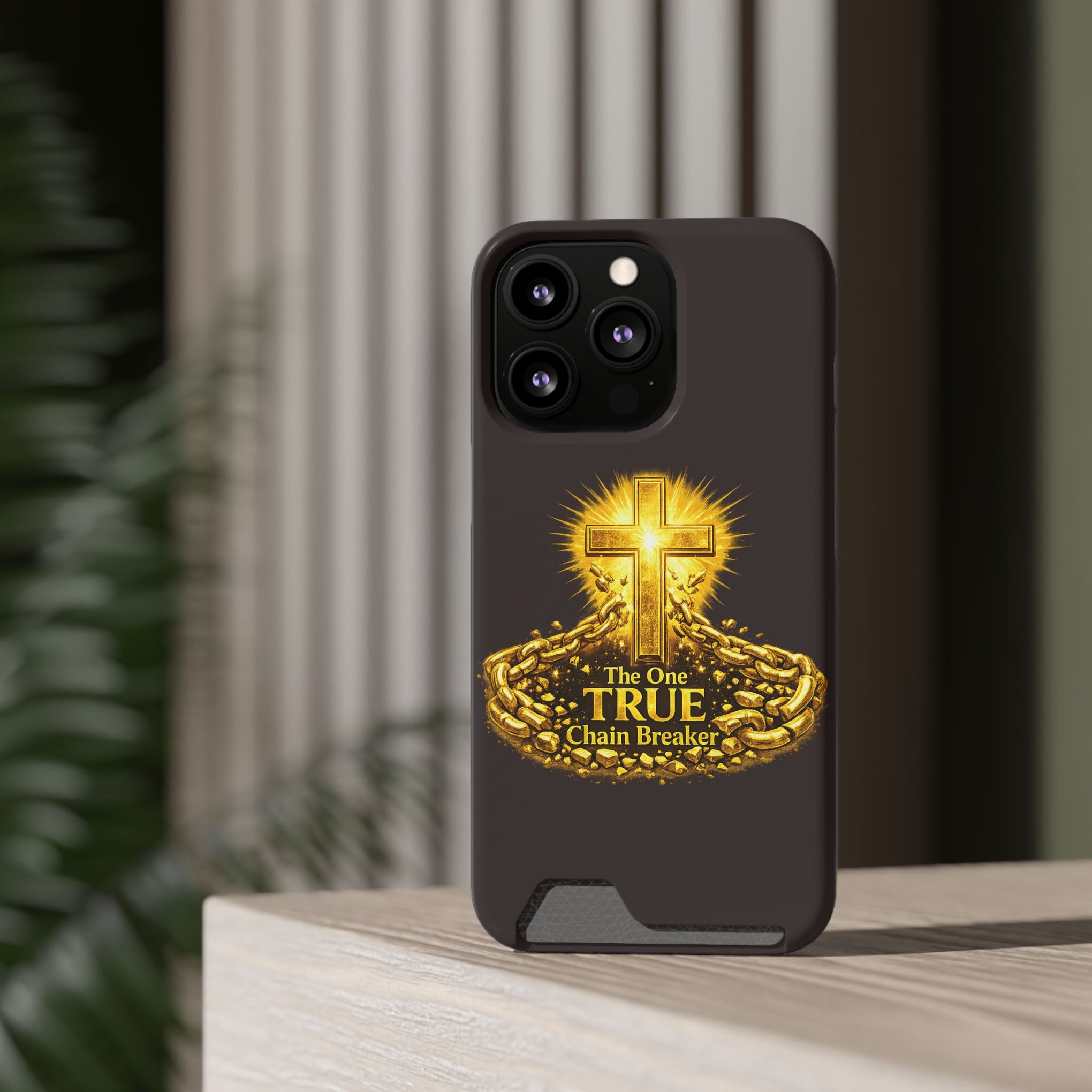Phone Case with Card Holder — "The One True Chain Breaker" Cross Design