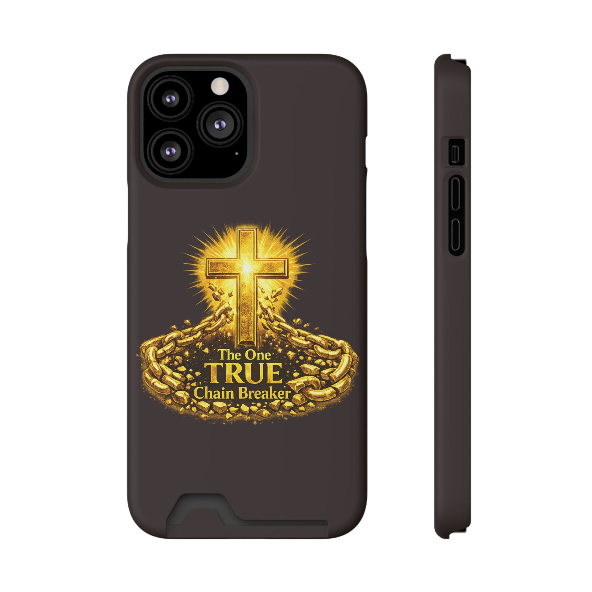 Phone Case with Card Holder — "The One True Chain Breaker" Cross Design