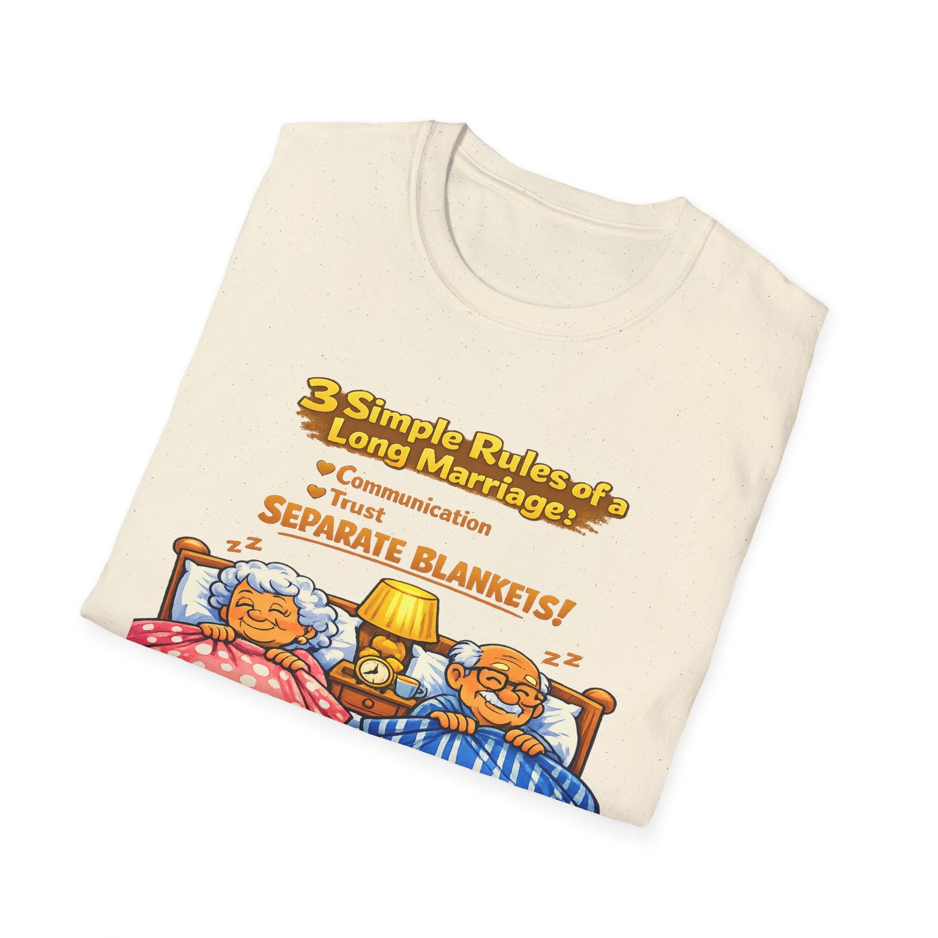 Marriage Rules T-Shirt – “3 Simple Rules of a Long Marriage: Communication, Trust, Separate Blankets!”