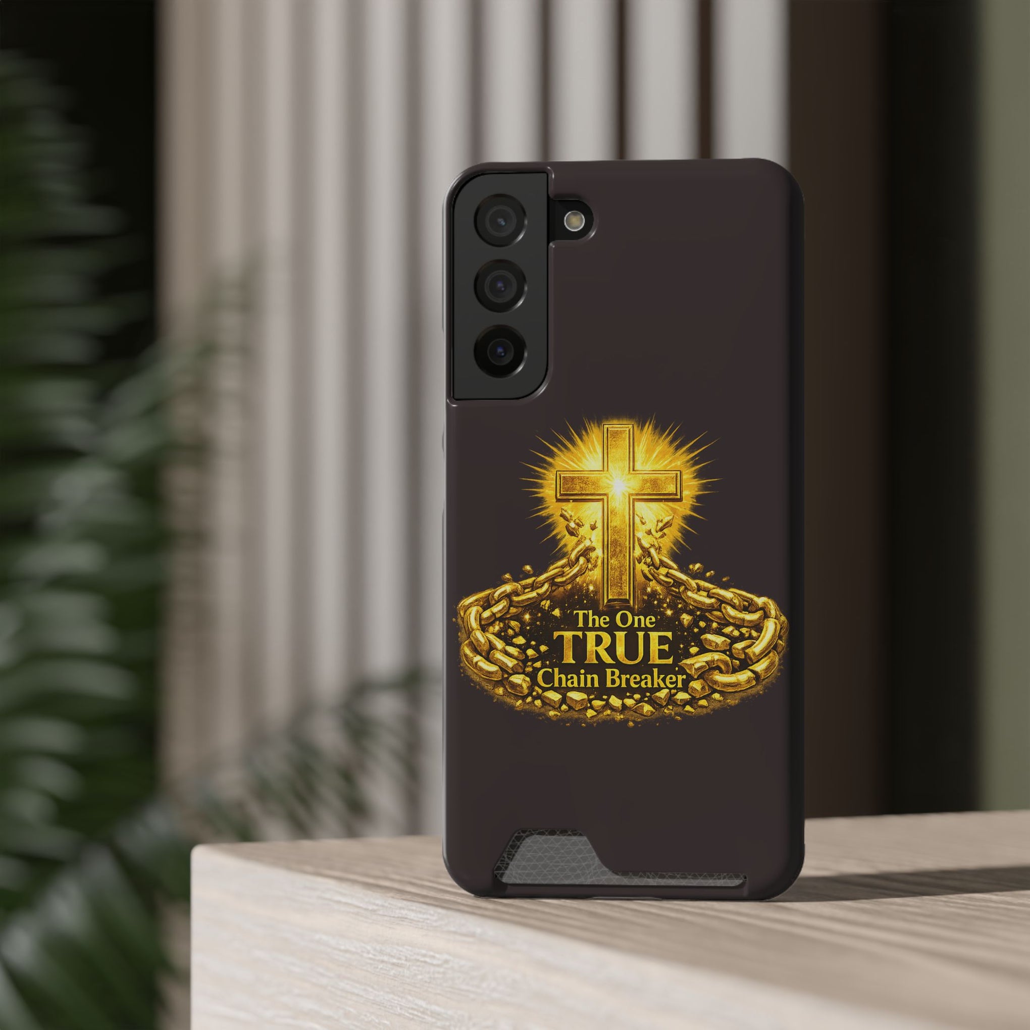 Phone Case with Card Holder — "The One True Chain Breaker" Cross Design