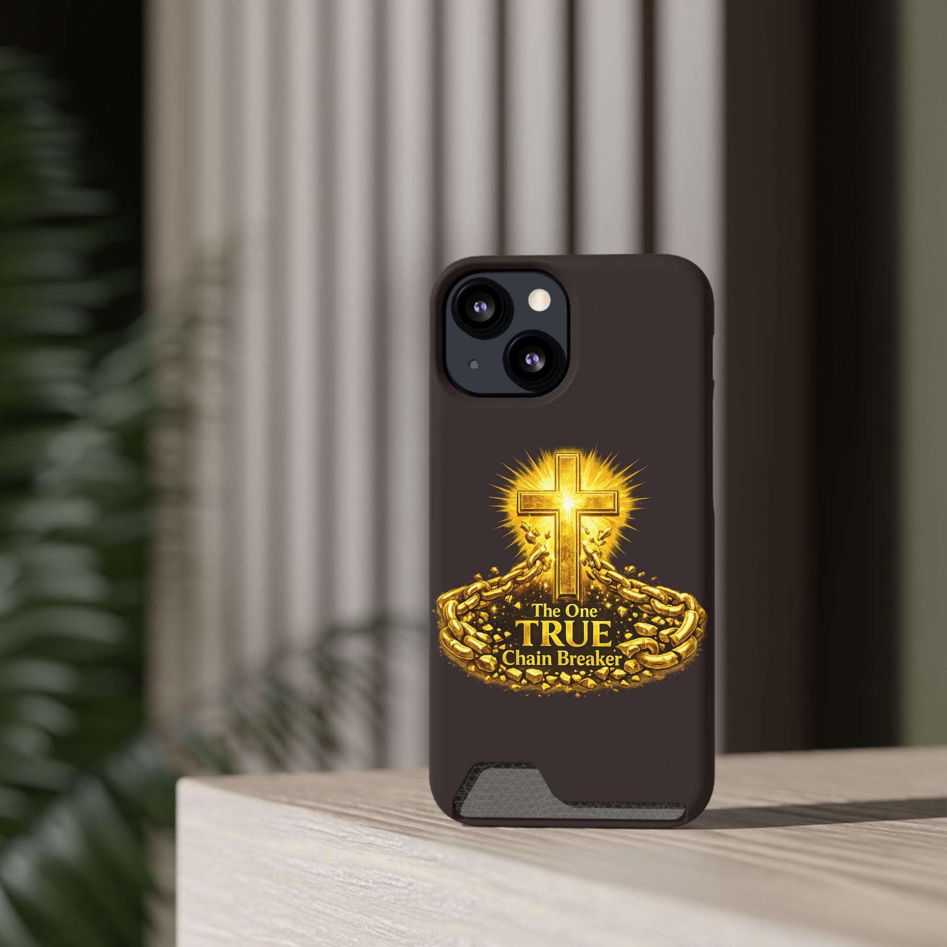 Phone Case with Card Holder — "The One True Chain Breaker" Cross Design