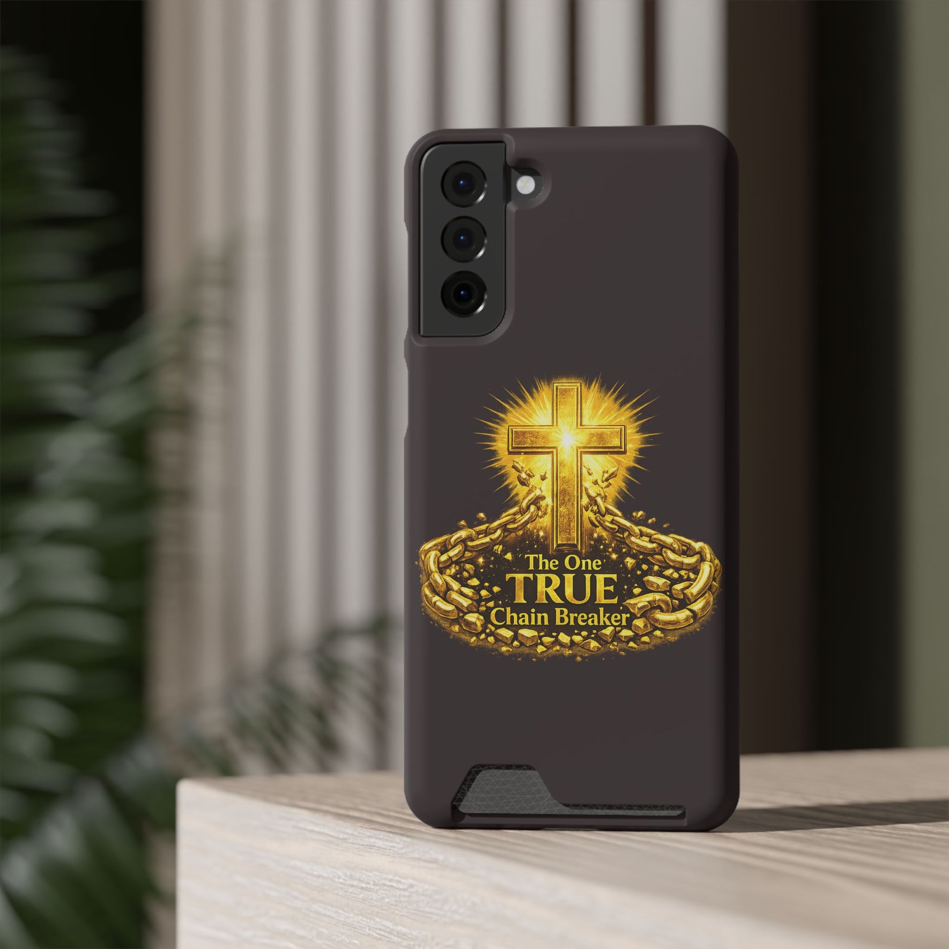 Phone Case with Card Holder — "The One True Chain Breaker" Cross Design