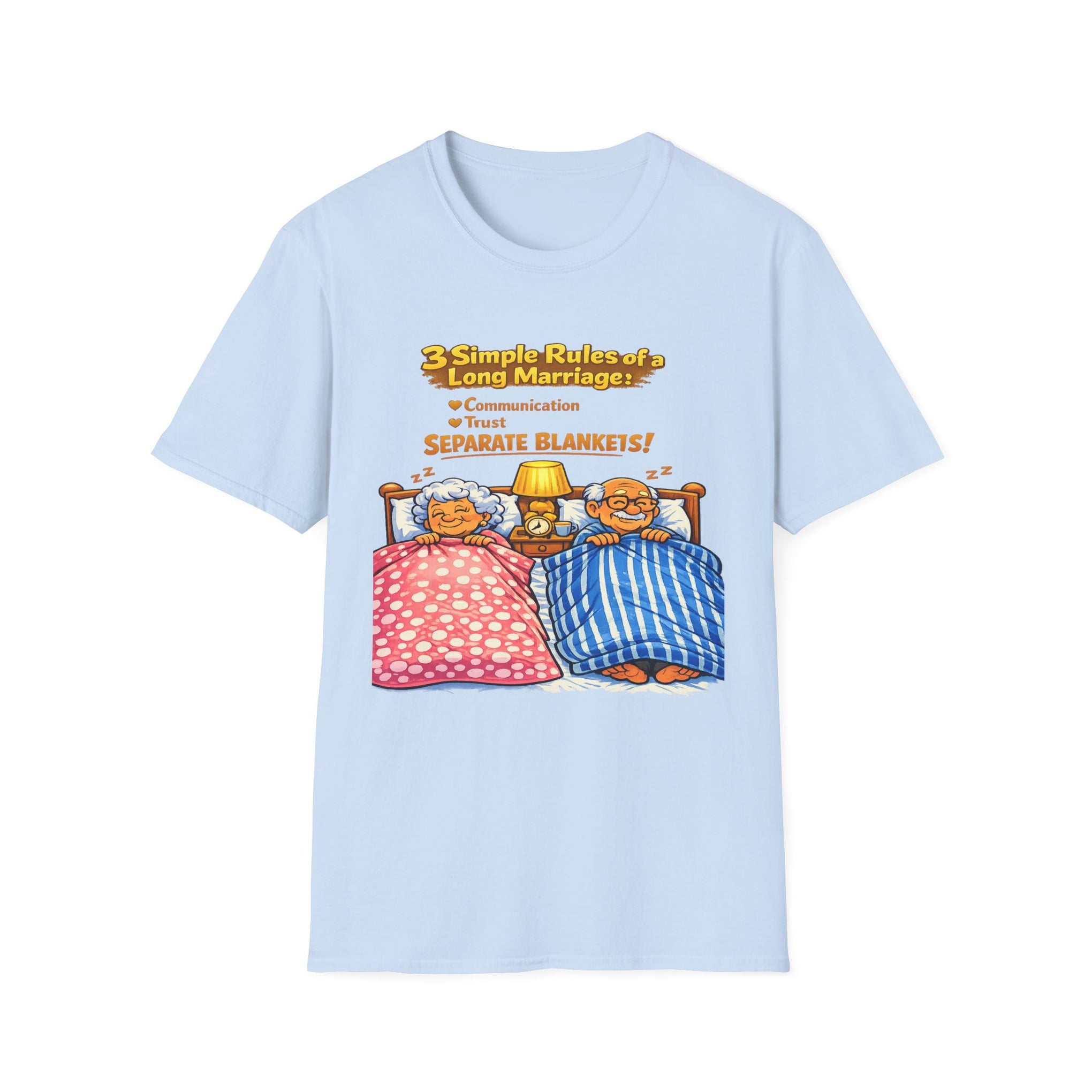 Marriage Rules T-Shirt – “3 Simple Rules of a Long Marriage: Communication, Trust, Separate Blankets!”