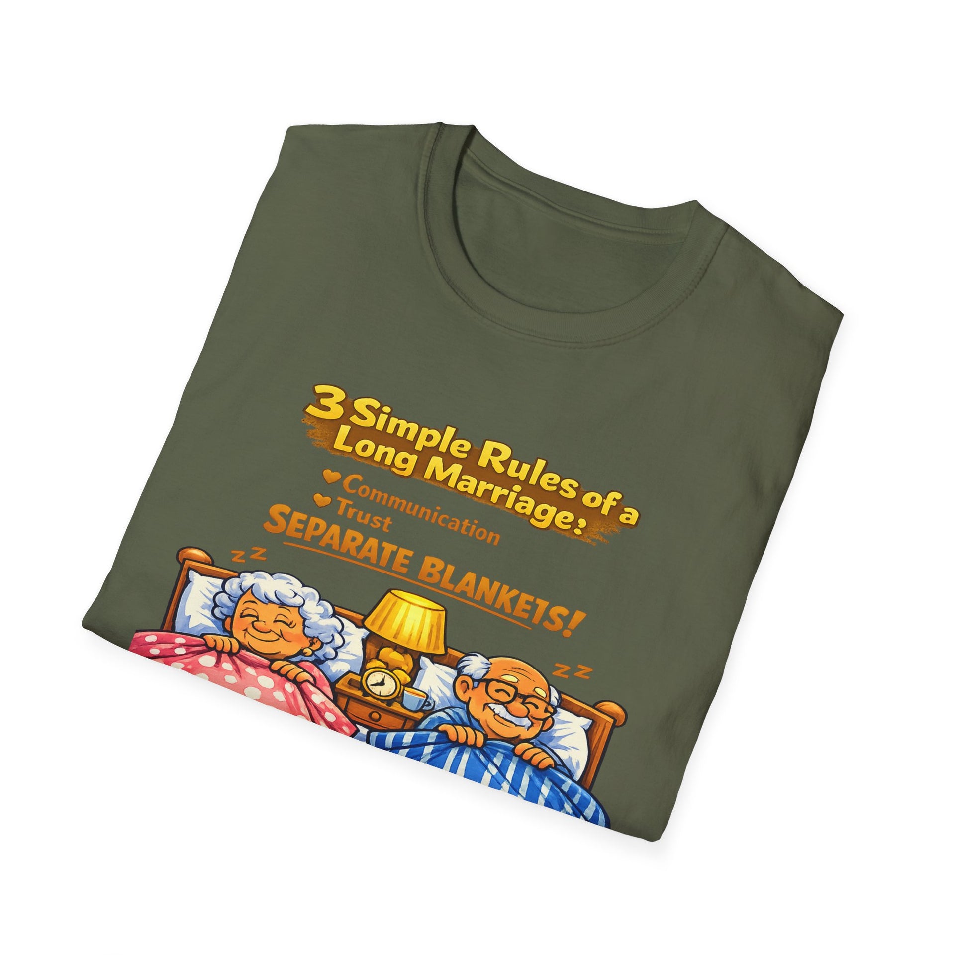 Marriage Rules T-Shirt – “3 Simple Rules of a Long Marriage: Communication, Trust, Separate Blankets!”