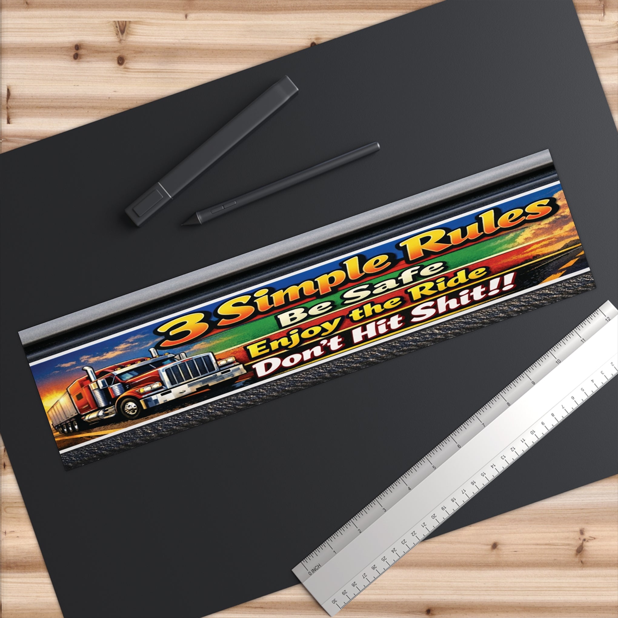 Bumper Sticker — “3 Simple Rules: Be Safe, Enjoy the Ride, Don’t Hit Shit!” (Truck Sunset Design)