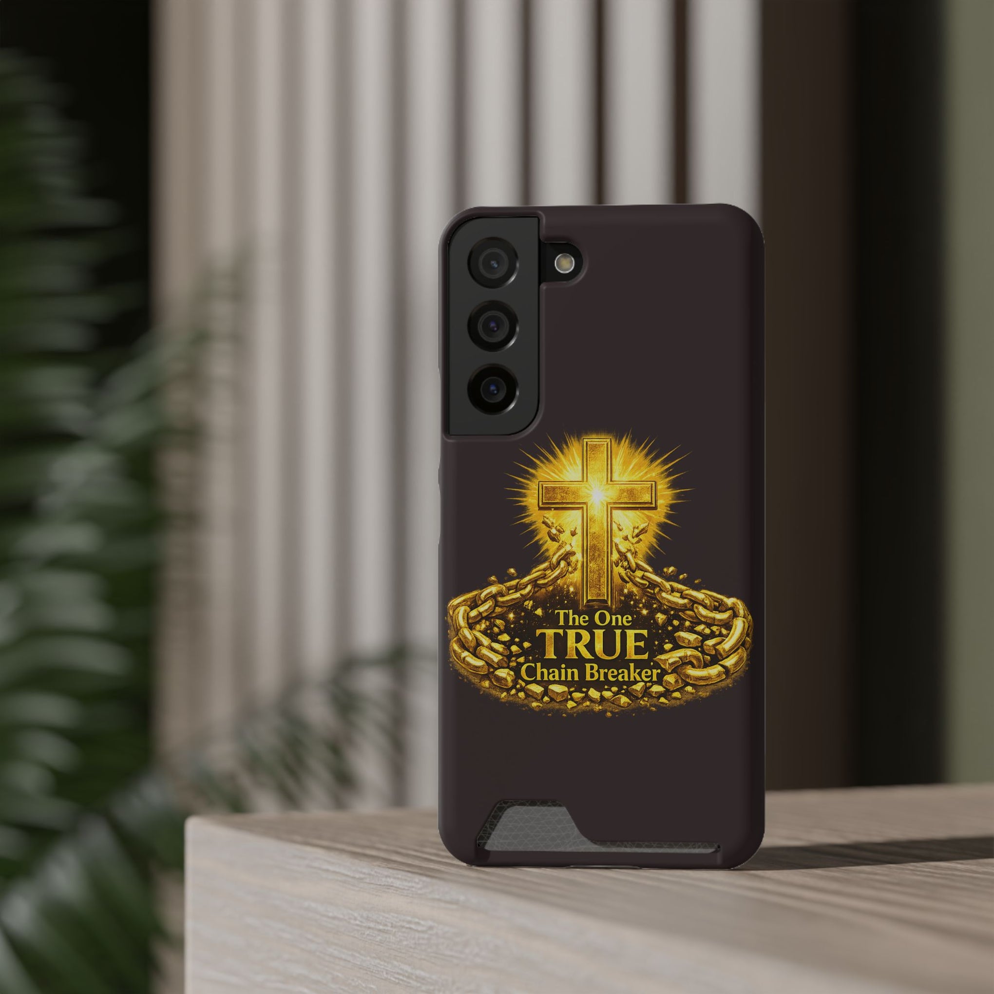 Phone Case with Card Holder — "The One True Chain Breaker" Cross Design