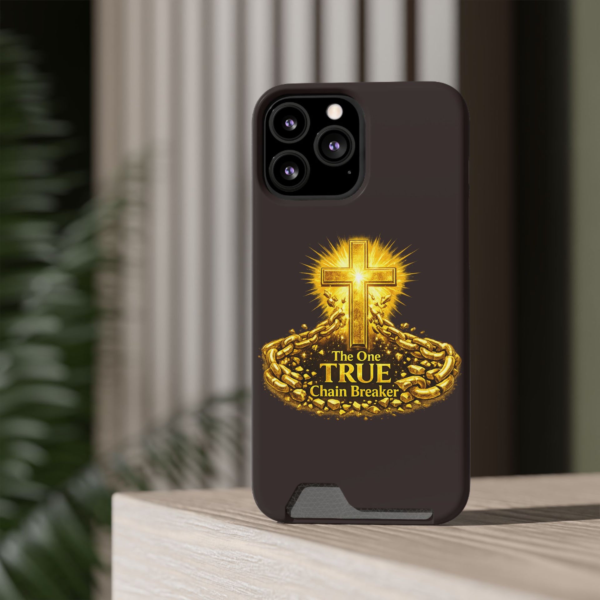 Phone Case with Card Holder — "The One True Chain Breaker" Cross Design