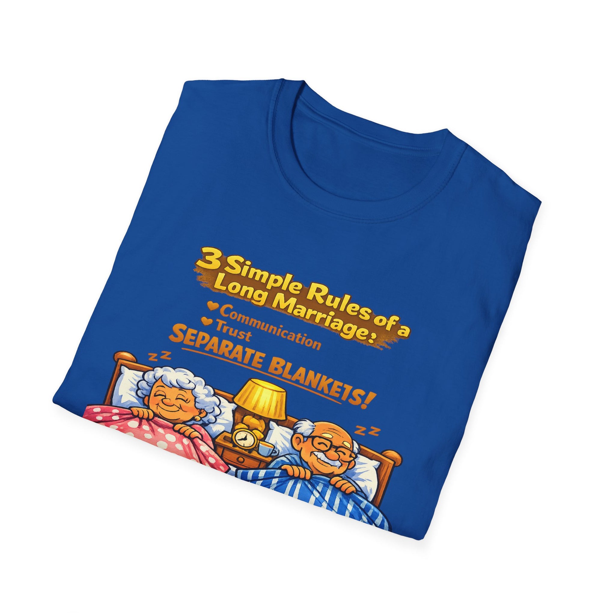 Marriage Rules T-Shirt – “3 Simple Rules of a Long Marriage: Communication, Trust, Separate Blankets!”