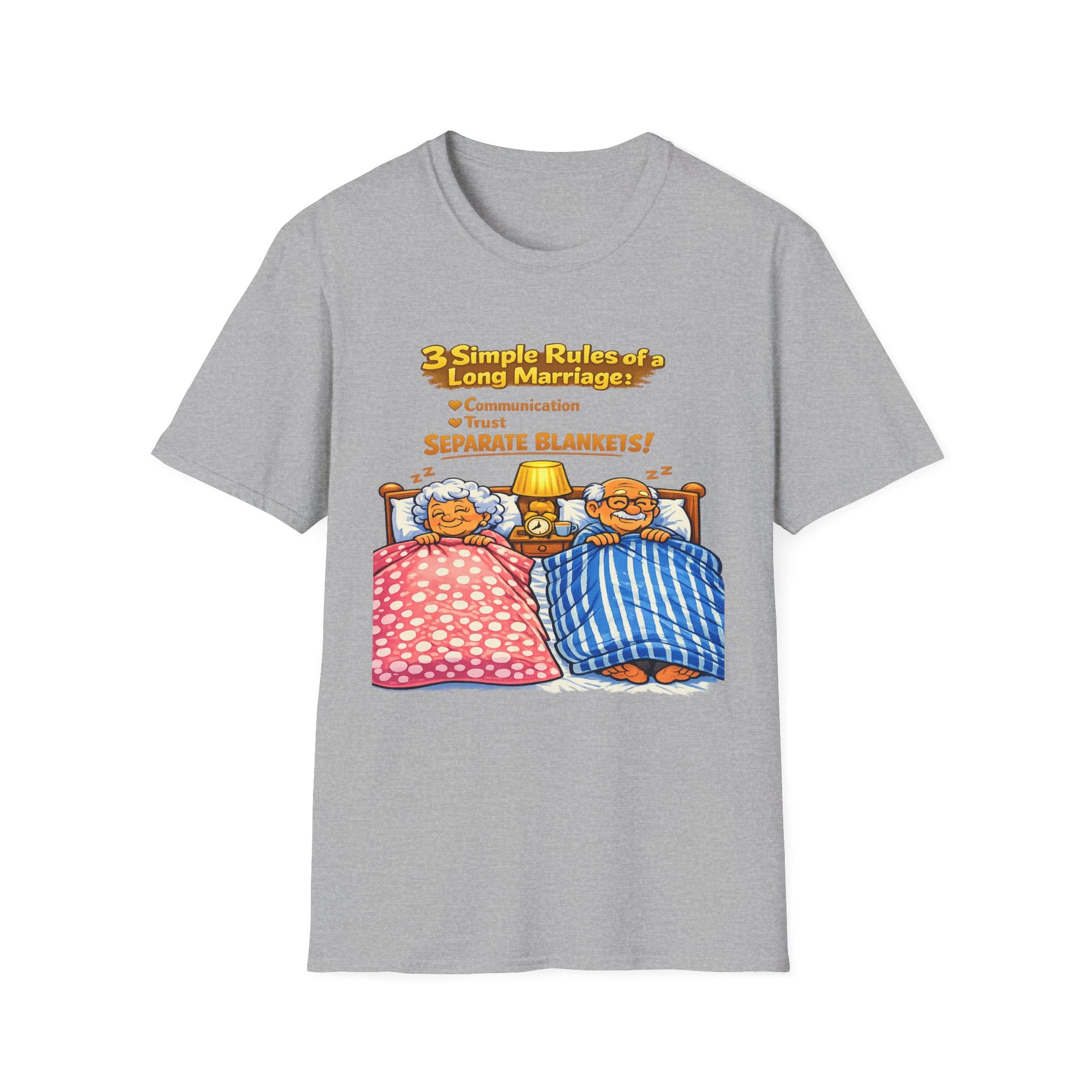 Marriage Rules T-Shirt – “3 Simple Rules of a Long Marriage: Communication, Trust, Separate Blankets!”