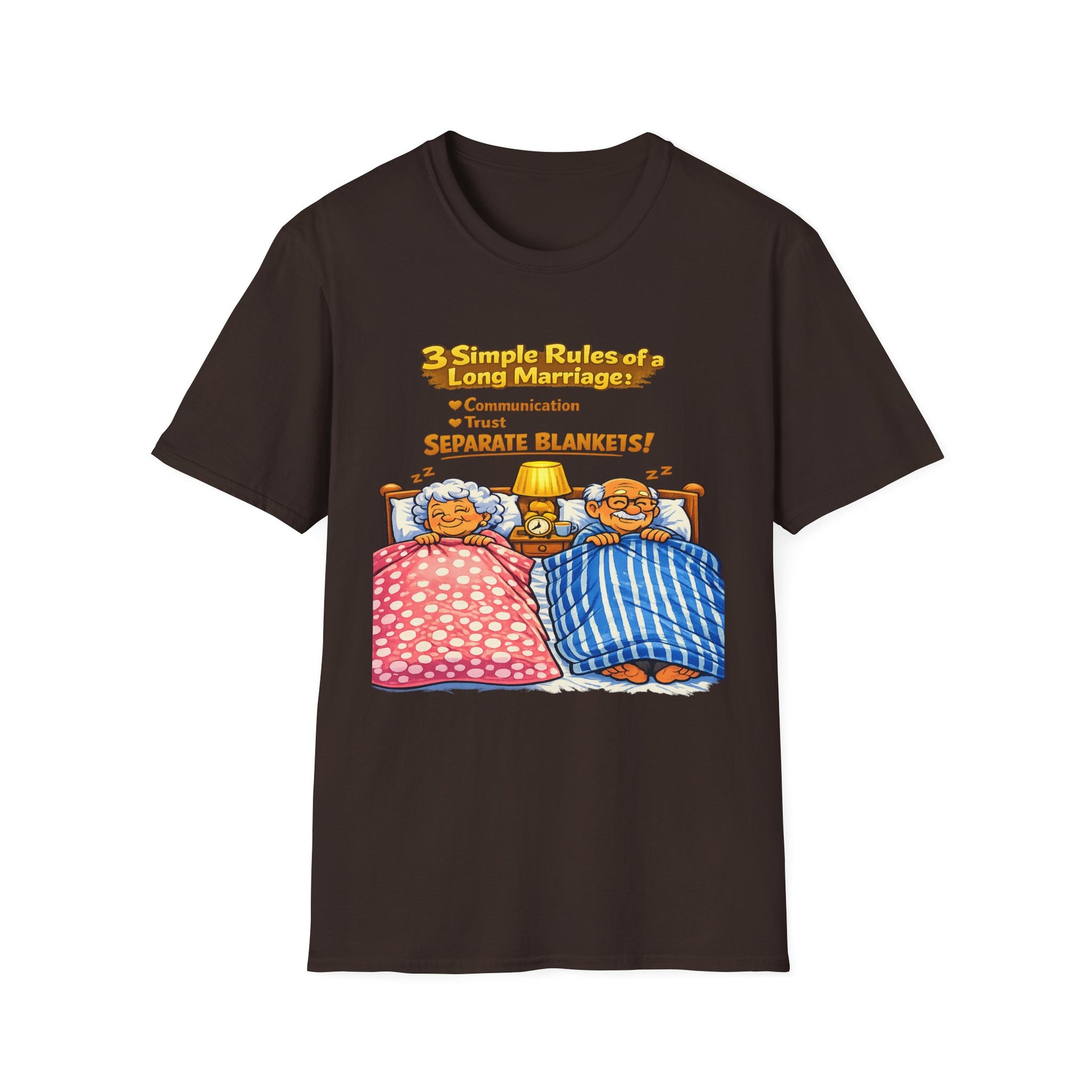 Marriage Rules T-Shirt – “3 Simple Rules of a Long Marriage: Communication, Trust, Separate Blankets!”