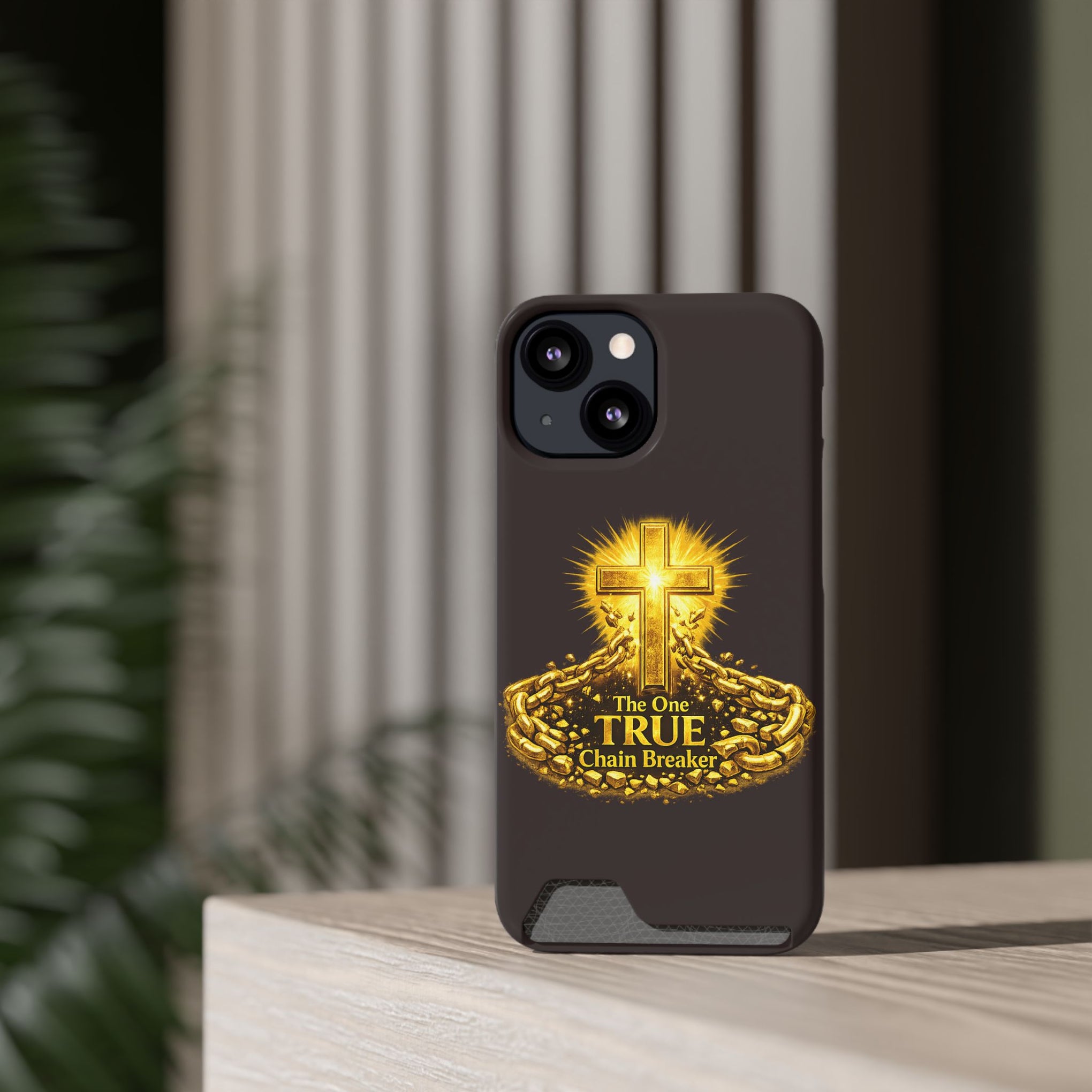 Phone Case with Card Holder — "The One True Chain Breaker" Cross Design