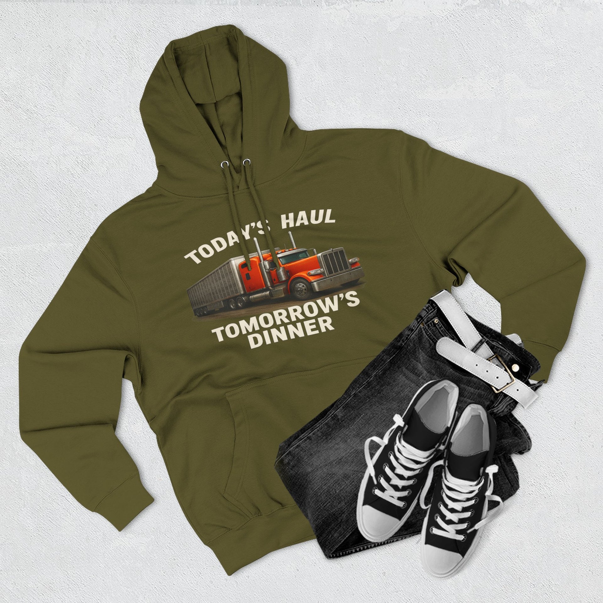 Trucker Hoodie — “Today's Haul, Tomorrow's Dinner” Graphic Pullover