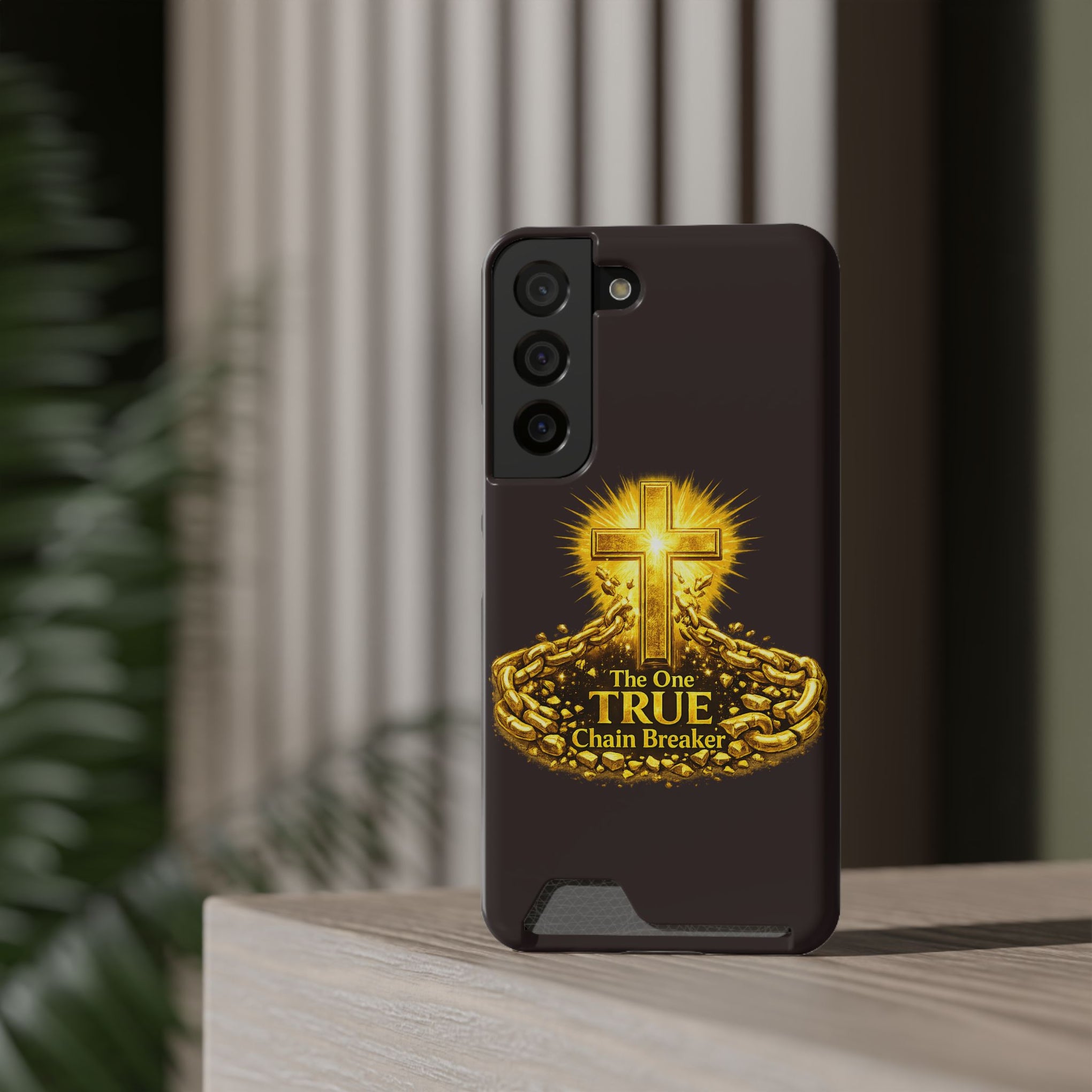 Phone Case with Card Holder — "The One True Chain Breaker" Cross Design