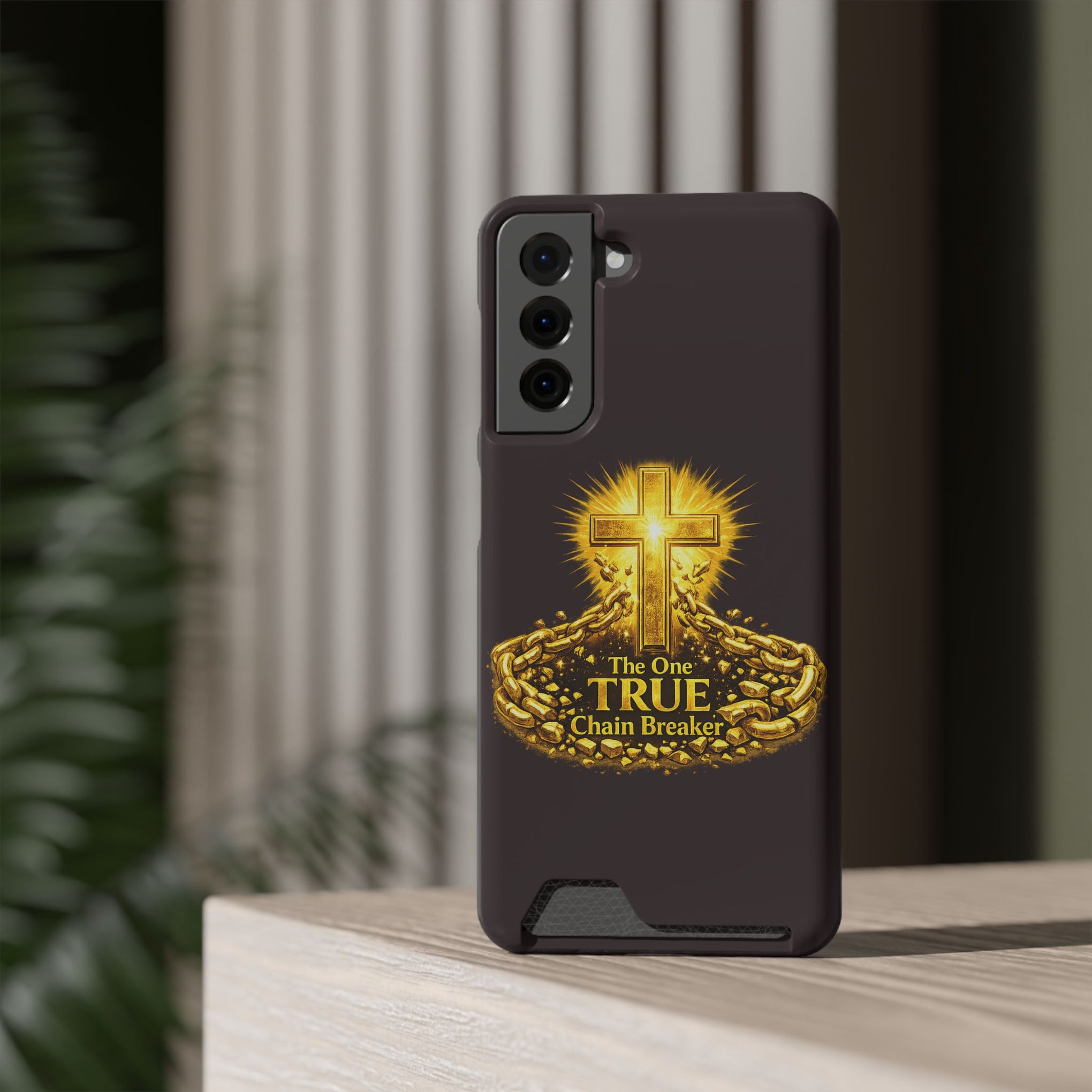 Phone Case with Card Holder — "The One True Chain Breaker" Cross Design