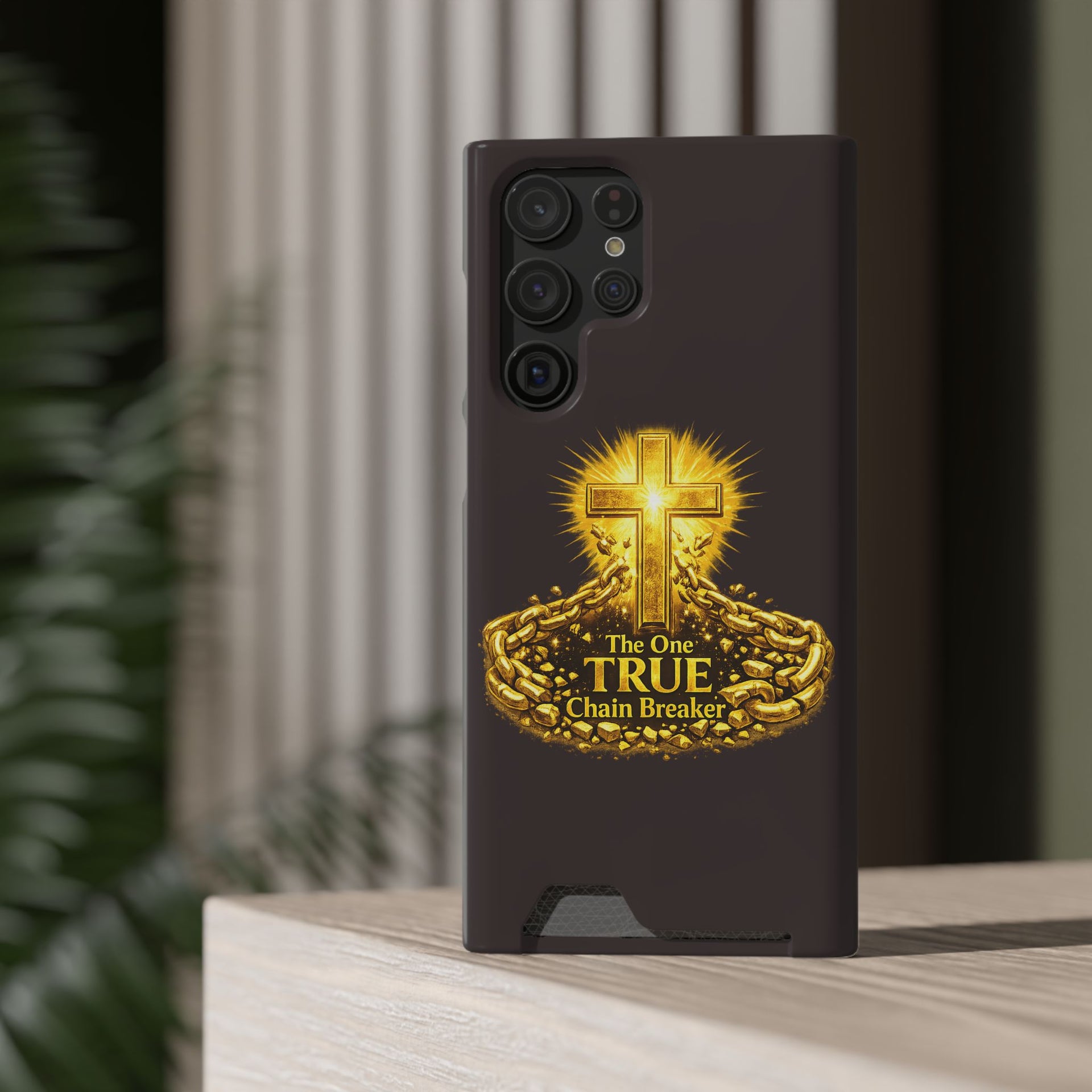 Phone Case with Card Holder — "The One True Chain Breaker" Cross Design