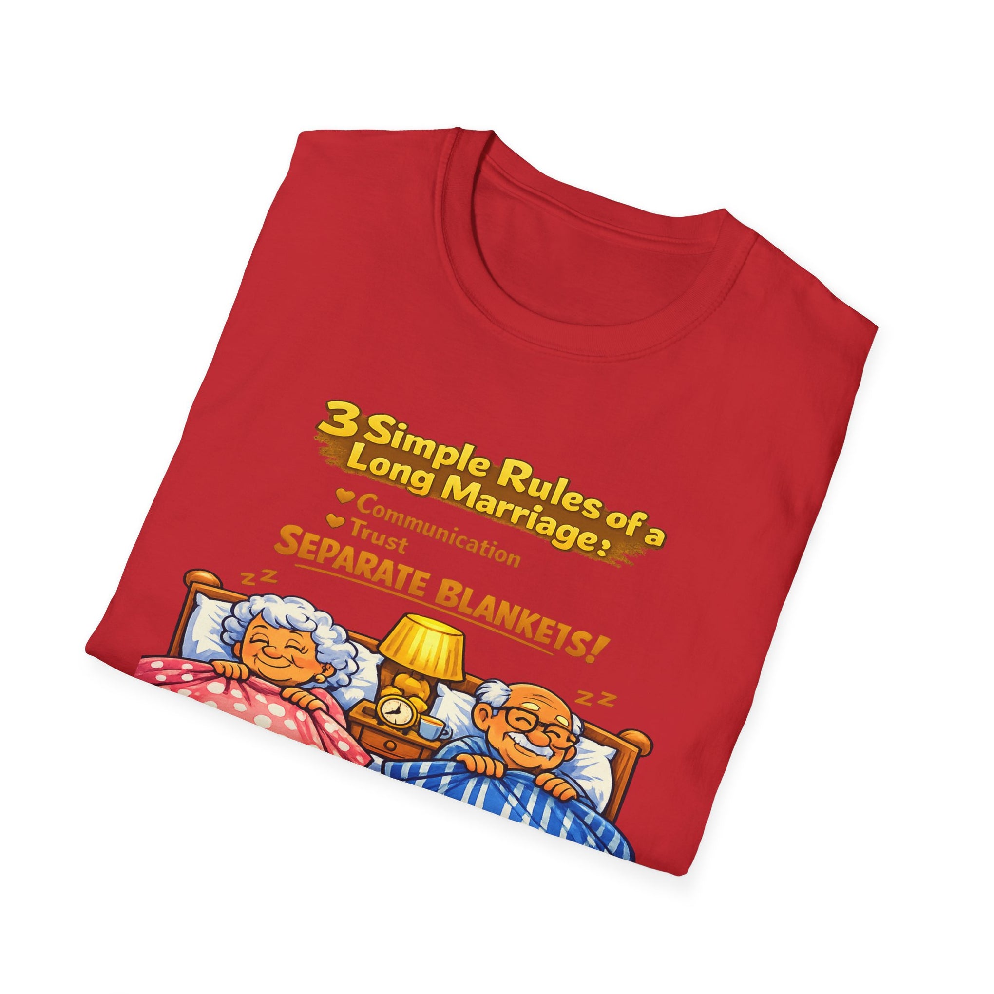 Marriage Rules T-Shirt – “3 Simple Rules of a Long Marriage: Communication, Trust, Separate Blankets!”