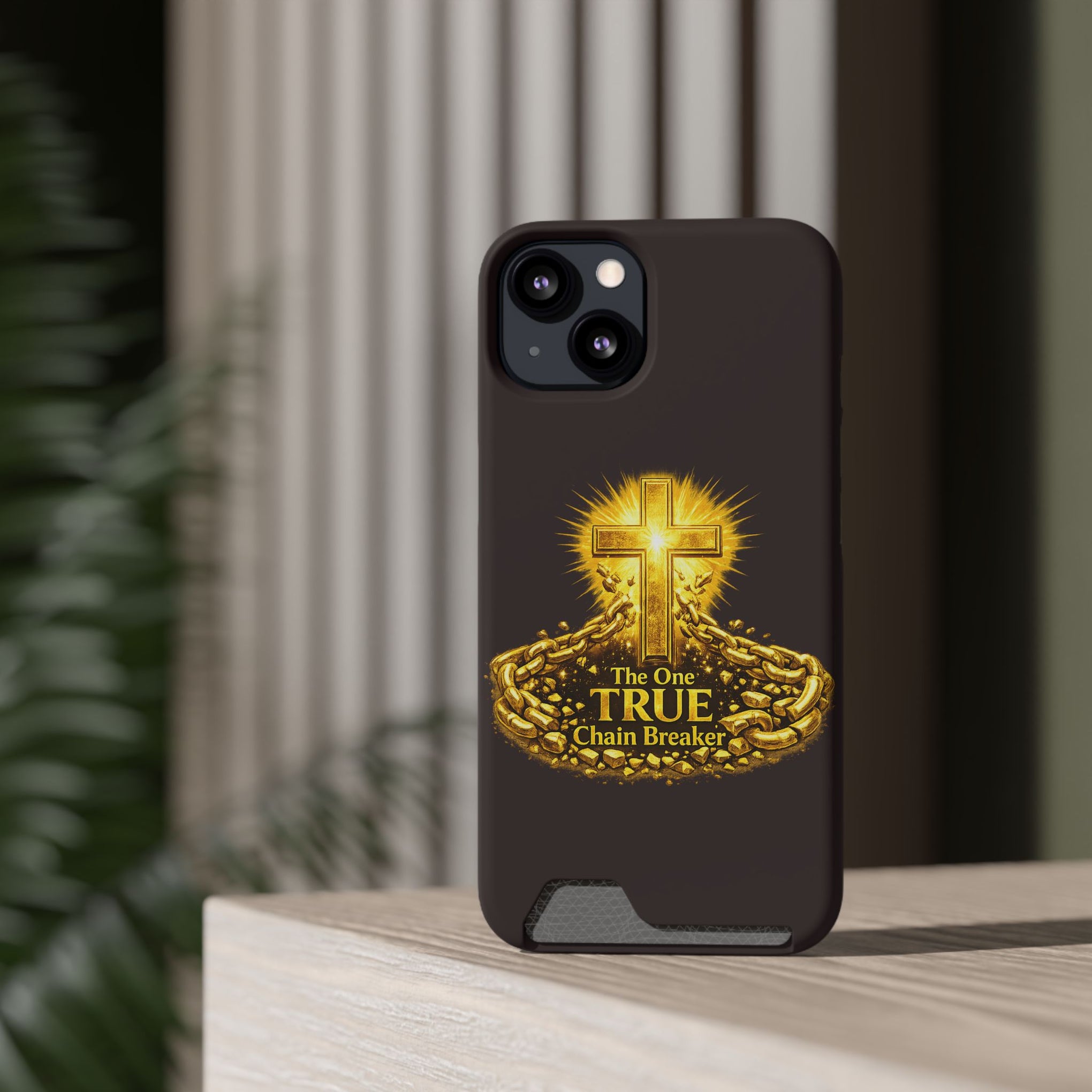 Phone Case with Card Holder — "The One True Chain Breaker" Cross Design
