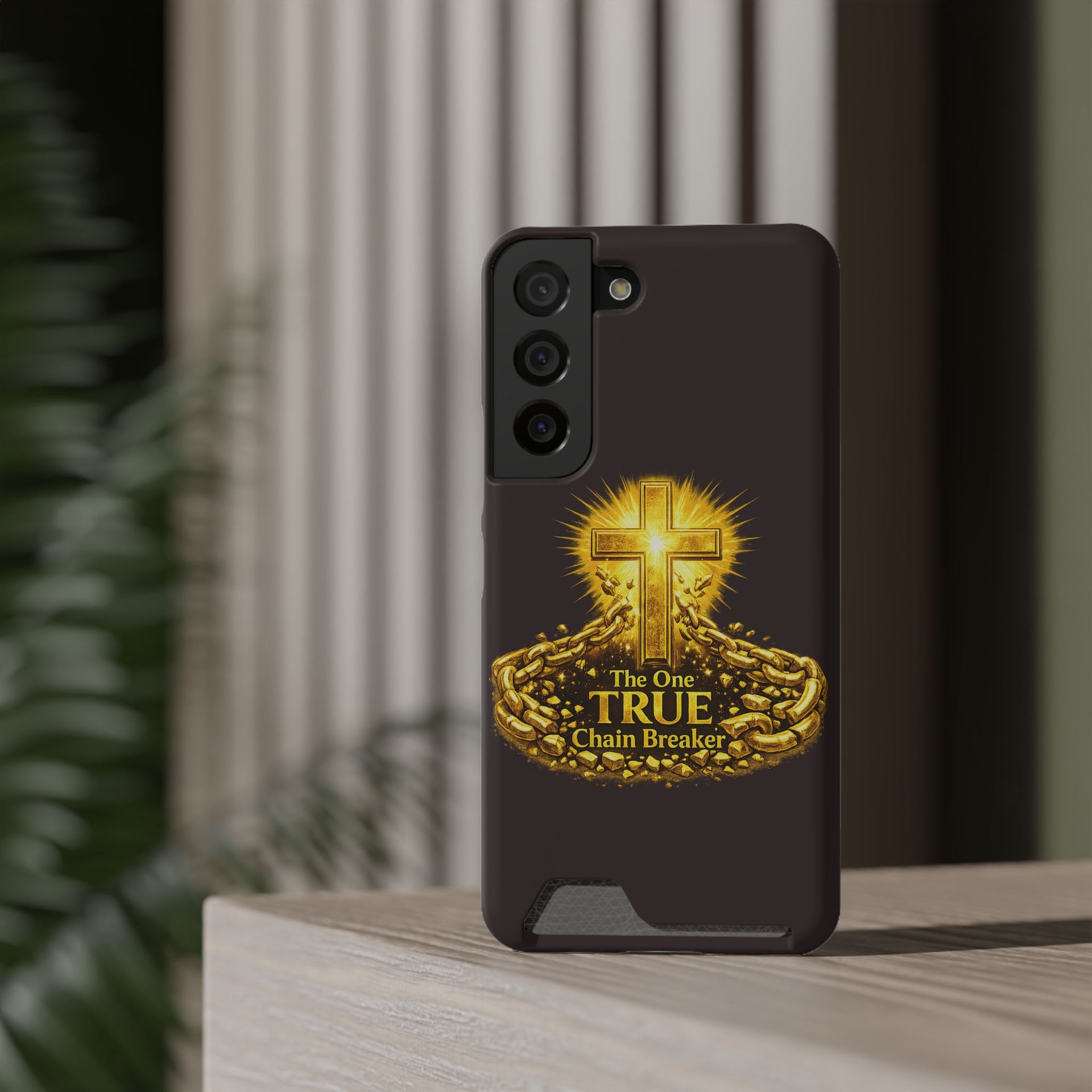 Phone Case with Card Holder — "The One True Chain Breaker" Cross Design