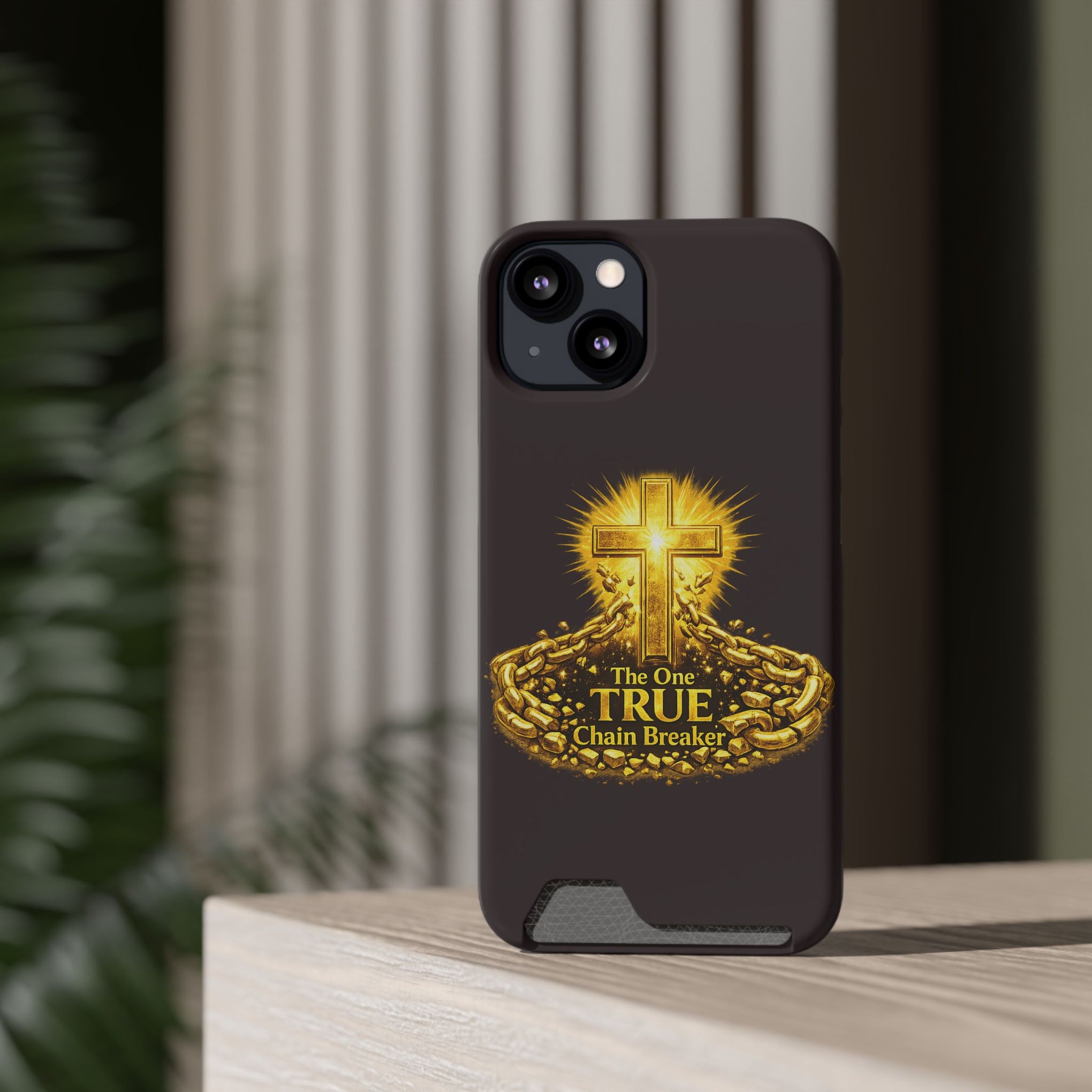 Phone Case with Card Holder — "The One True Chain Breaker" Cross Design