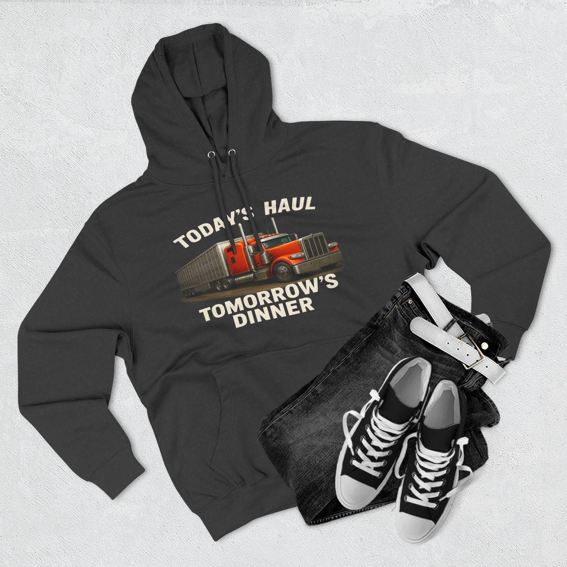 Trucker Hoodie — “Today's Haul, Tomorrow's Dinner” Graphic Pullover