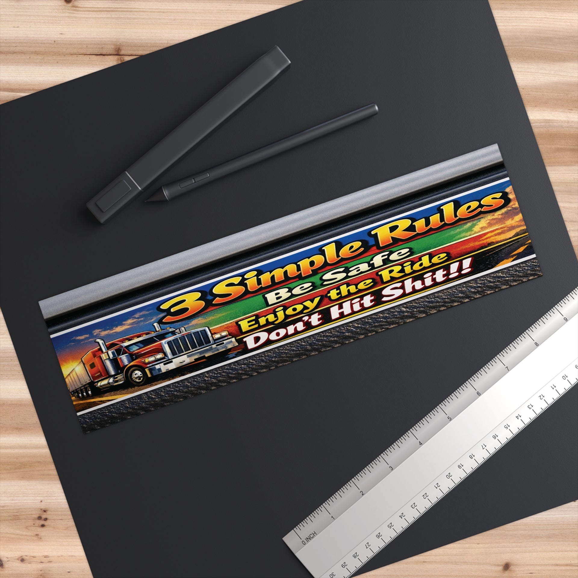 Bumper Sticker — “3 Simple Rules: Be Safe, Enjoy the Ride, Don’t Hit Shit!” (Truck Sunset Design)