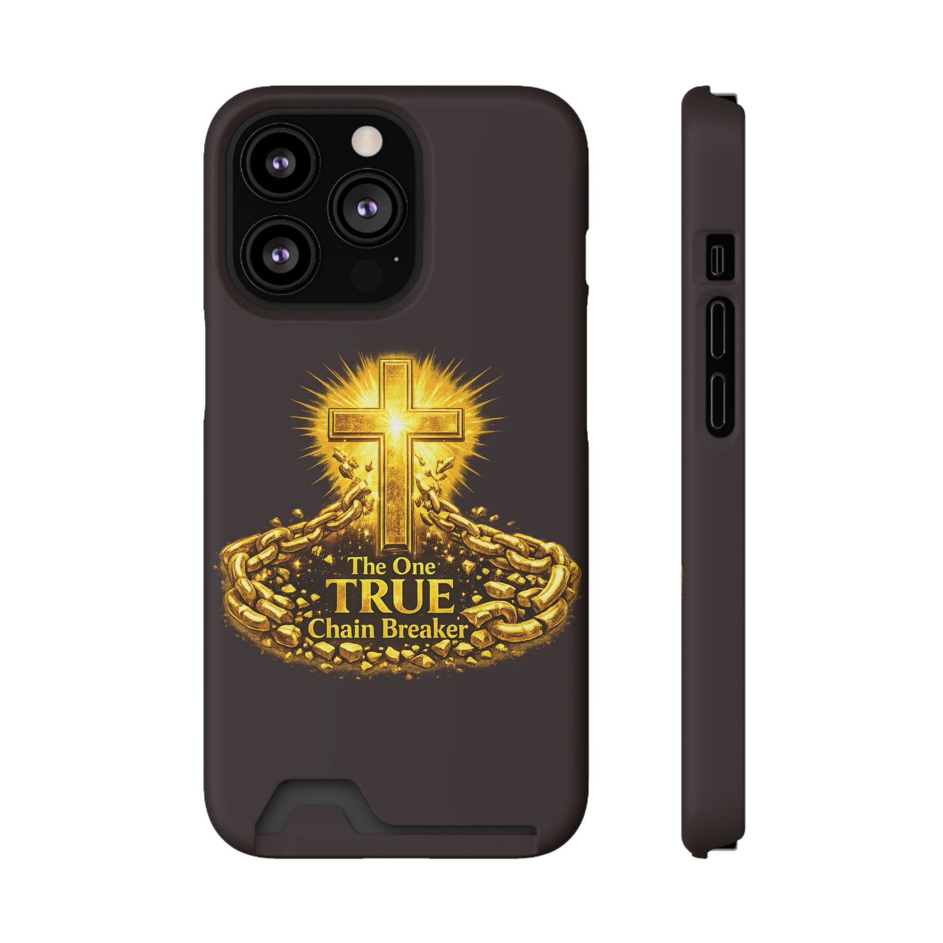Phone Case with Card Holder — "The One True Chain Breaker" Cross Design