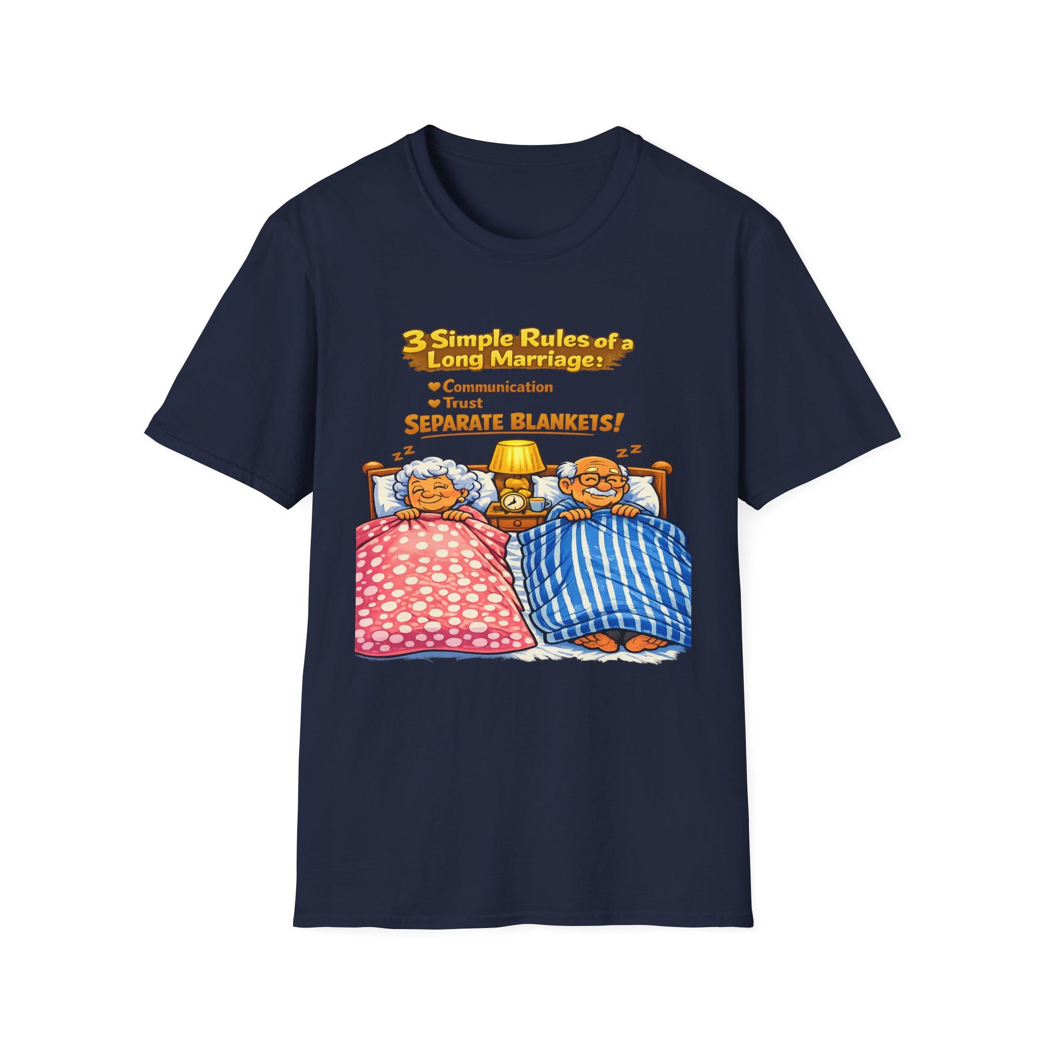 Marriage Rules T-Shirt – “3 Simple Rules of a Long Marriage: Communication, Trust, Separate Blankets!”