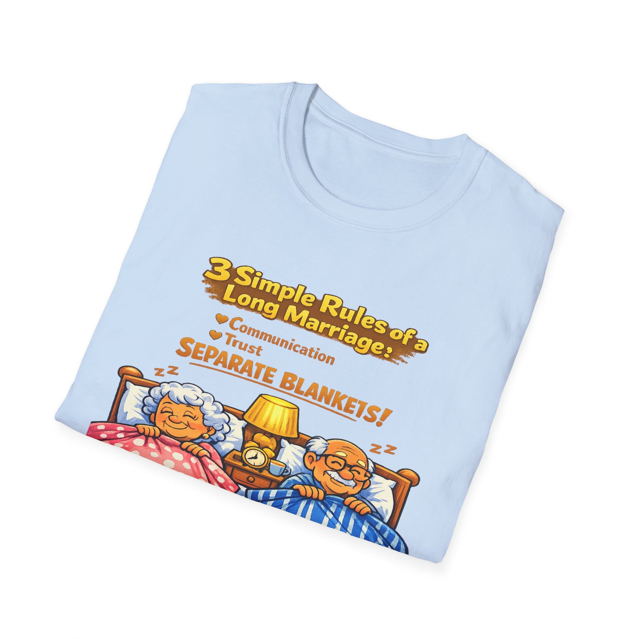 Marriage Rules T-Shirt – “3 Simple Rules of a Long Marriage: Communication, Trust, Separate Blankets!”