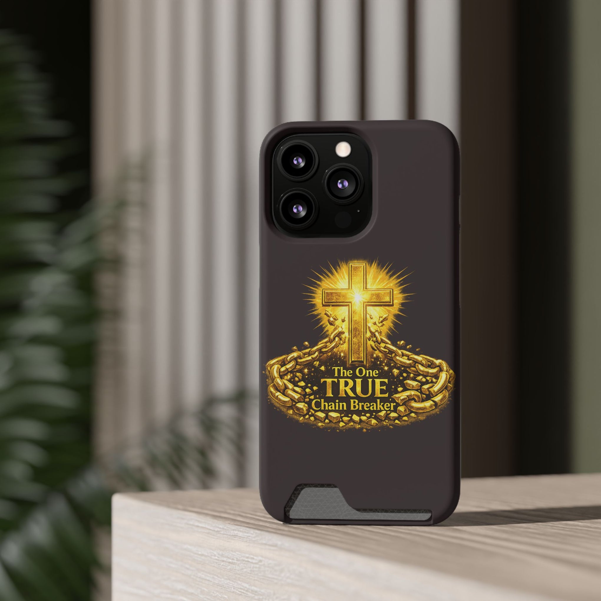 Phone Case with Card Holder — "The One True Chain Breaker" Cross Design