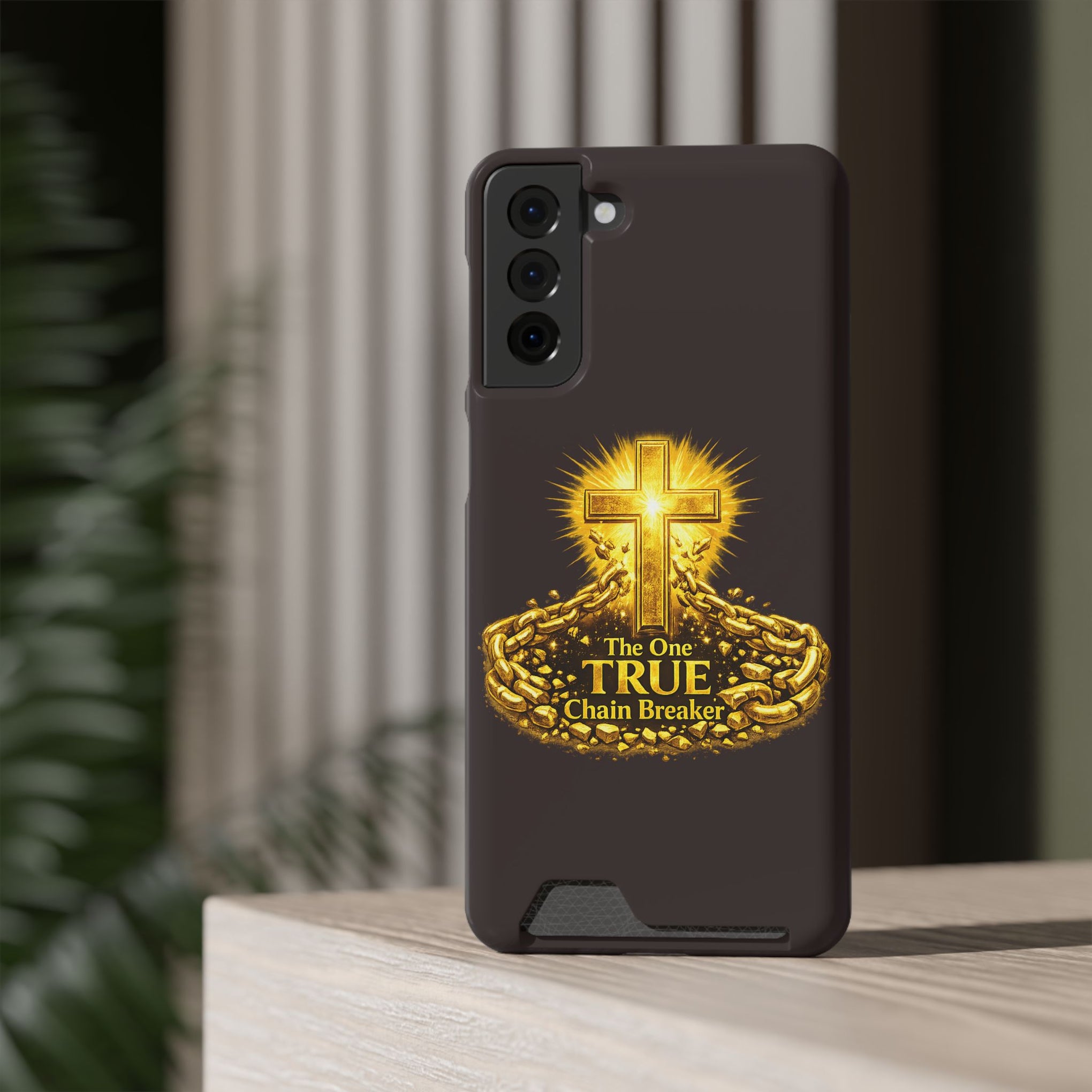 Phone Case with Card Holder — "The One True Chain Breaker" Cross Design